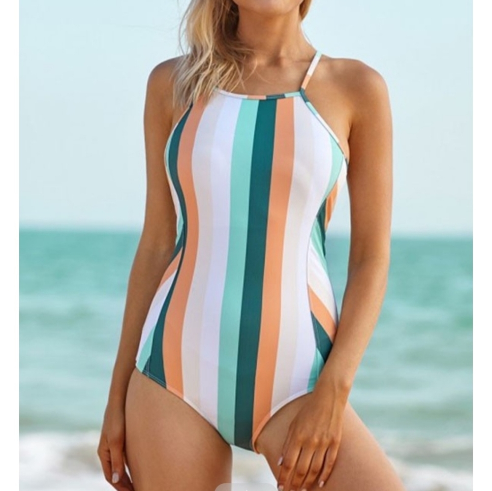 Multicolor Stripe Crisscross Lace Up One Piece Swimsuit